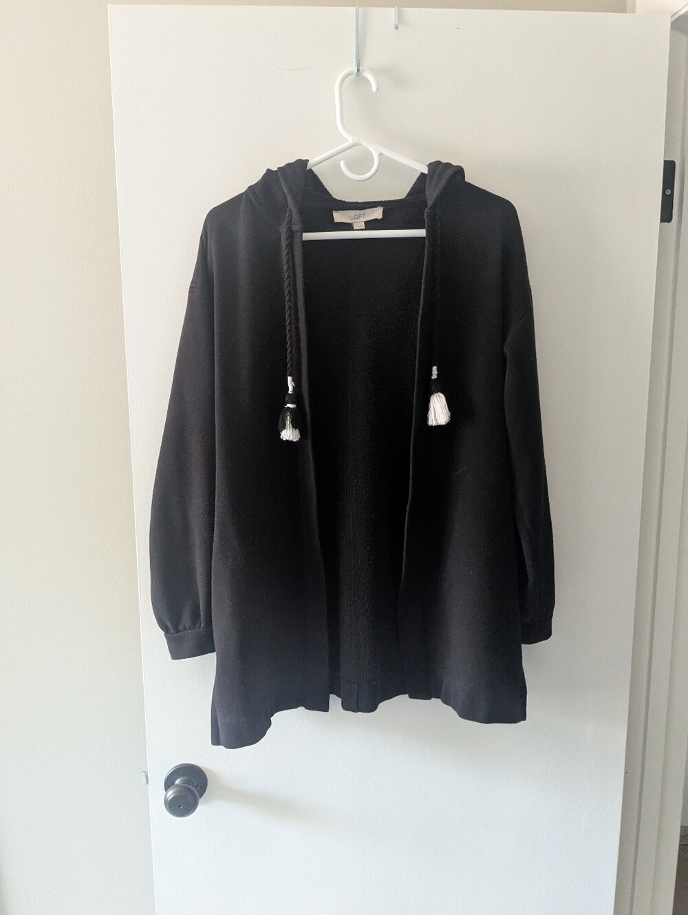 Loft Open Front Black Hoodie Jacket With Tassels Small